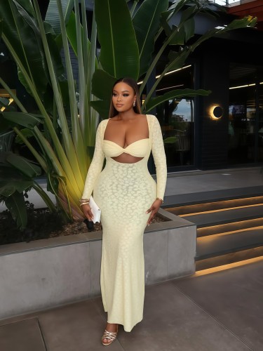 Long sleeved chest hugging tight fitting one-piece dress