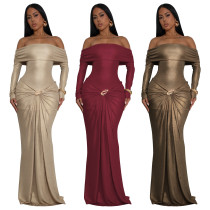 One shoulder long sleeved glossy dress