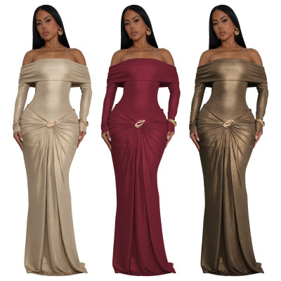 One shoulder long sleeved glossy dress