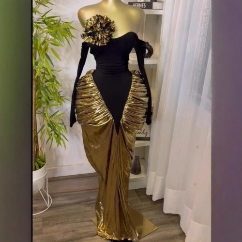 Long sleeved strapless backless pleated patchwork jumpsuit