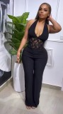 Sleeveless deep V-neck hanging neck backless patchwork long jumpsuit