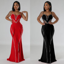 Hot stamping mesh, see through splicing lace, hip hugging elastic suspender dress