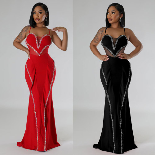 Hot stamping mesh, see through splicing lace, hip hugging elastic suspender dress