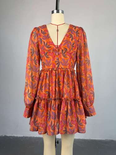 Printed V-neck high waisted dress short skirt