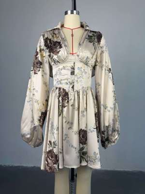Printed V-neck lantern sleeves high waisted dress short skirt