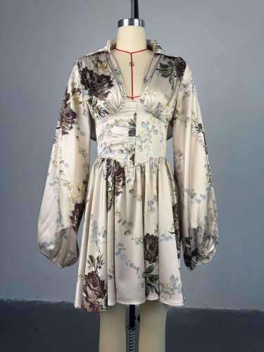 Printed V-neck lantern sleeves high waisted dress short skirt