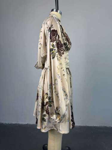 Printed V-neck lantern sleeves high waisted dress short skirt