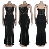Hot stamping mesh, see through splicing lace, hip hugging elastic suspender dress
