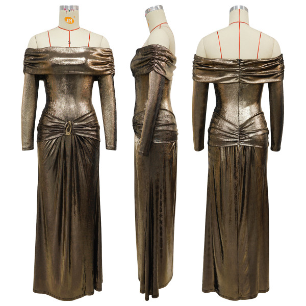 One shoulder long sleeved glossy dress