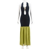 Metal Decorative Chest Wrapping Strap Hollow out Color blocked Split Dress