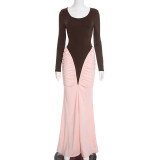 Color blocking pleated long sleeved dress