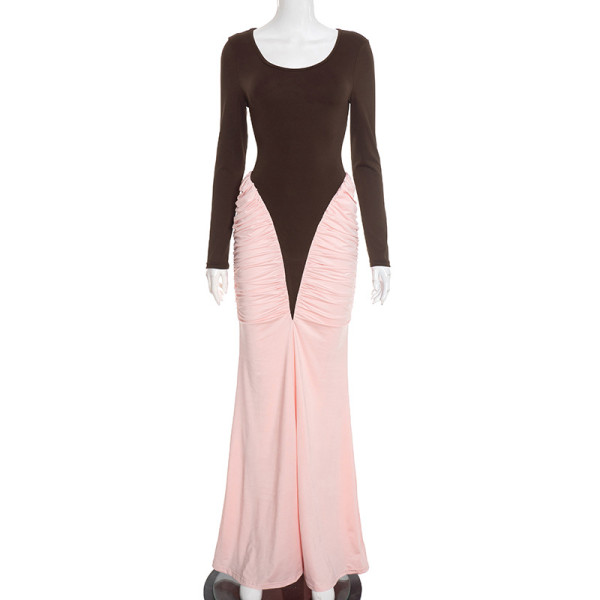 Color blocking pleated long sleeved dress