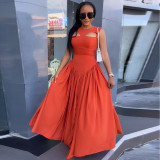 Round neck hollow out medium length sleeveless dress