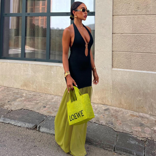 Metal Decorative Chest Wrapping Strap Hollow out Color blocked Split Dress