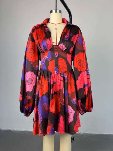 Printed V-neck backless high waisted dress short skirt