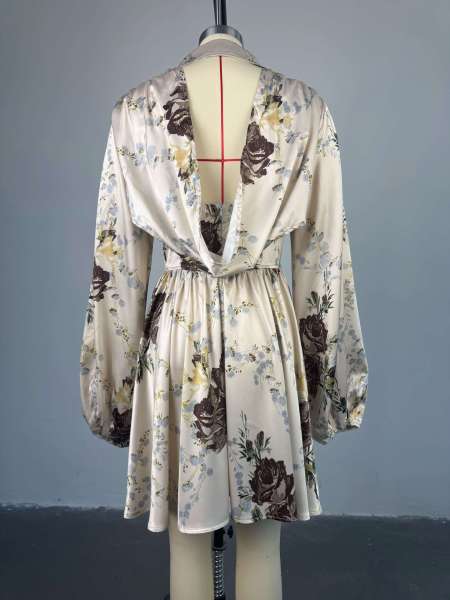Printed V-neck lantern sleeves high waisted dress short skirt