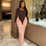 Color blocking pleated long sleeved dress