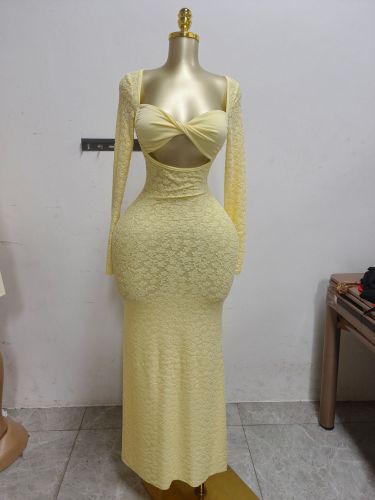 Long sleeved chest hugging tight fitting one-piece dress