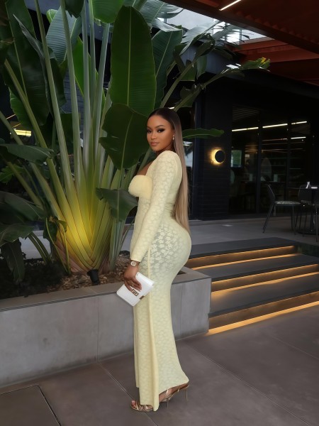 Long sleeved chest hugging tight fitting one-piece dress