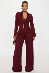 Collar long sleeved lace up shirt and pants set