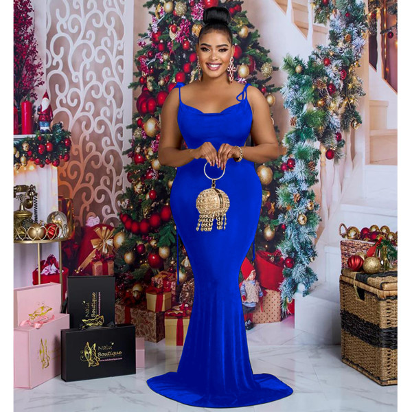 Shoulder strap tied sleeveless long skirt dress