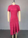 Half high neck, short sleeved, high waisted dress, mid skirt