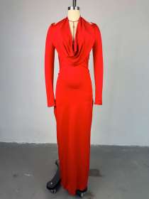 Pile collar, high waist, hip hugging dress, long skirt
