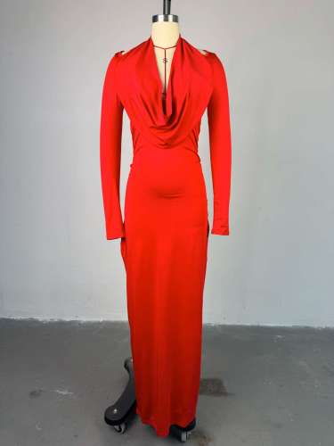 Pile collar, high waist, hip hugging dress, long skirt