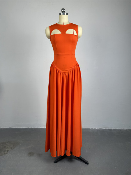 Round neck hollow out medium length sleeveless dress