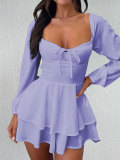 Backless drawstring long sleeved dress jumpsuit