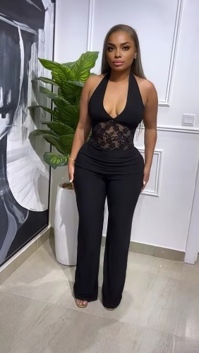 Sleeveless deep V-neck hanging neck backless patchwork long jumpsuit