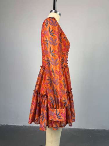 Printed V-neck high waisted dress short skirt