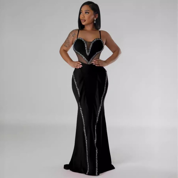 Hot stamping mesh, see through splicing lace, hip hugging elastic suspender dress