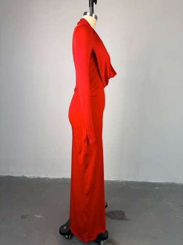 Pile collar, high waist, hip hugging dress, long skirt