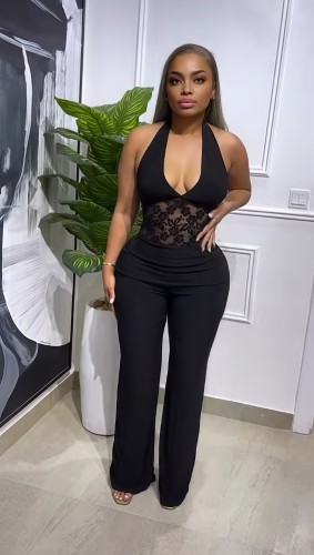 Sleeveless deep V-neck hanging neck backless patchwork long jumpsuit