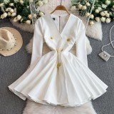 V-neck metal buckle, waist cinched, fluffy, large swing, mid length skirt