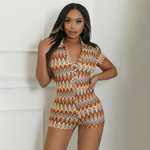 Wave patterned color stripe V-neck short sleeved jumpsuit shorts