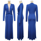 Long sleeved waist cinched pleated dress