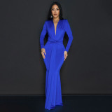Long sleeved waist cinched pleated dress