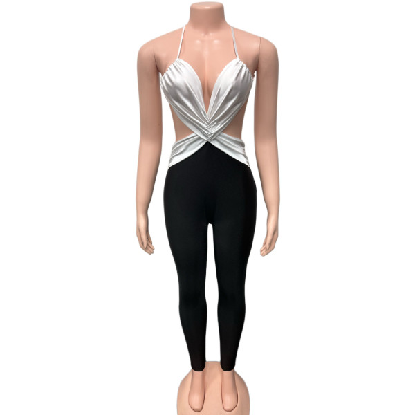 Bright cross strapless backless tight contrasting camisole jumpsuit