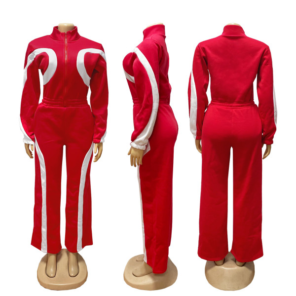 Half open elastic waist sports contrasting long sleeved jumpsuit