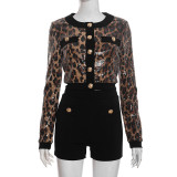 Round neck cardigan leopard print sequin fake pocket with exposed navel and hip hugging three part pants set