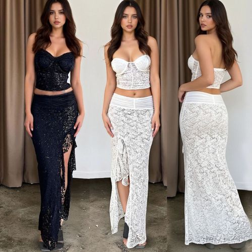 Irregular slit hip hugging long skirt strapless short top lace two-piece set