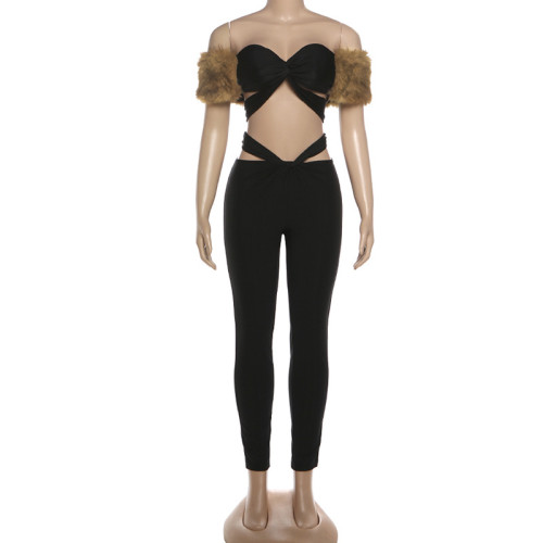 Mao collar patchwork strapless and exposed navel pants set