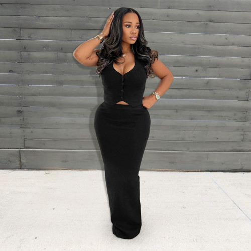 Solid Color Button-Up Top and Long Skirt Two-Piece Set