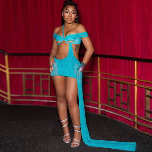 Translucent off-shoulder waist-cinching mini skirt with exposed back and lacing