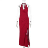 V-neck hanging neck high slit dress