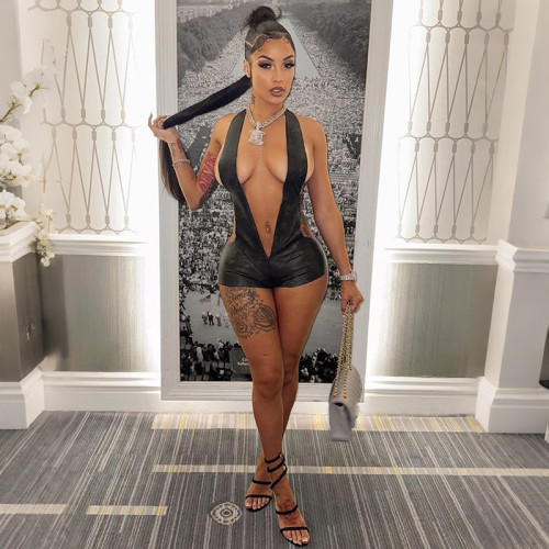 Deep V backless hanging neck solid color hip lifting jumpsuit