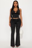 Two piece set of suspender hanging neck sleeveless diamond studded pants
