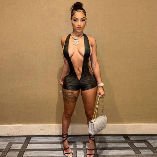 Deep V backless hanging neck solid color hip lifting jumpsuit